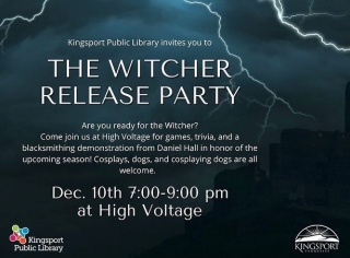 ⚡️Friday, Dec. 10th⚡️
::
Are you ready for the new season of the Witcher⁉️
Come join @kingsportpubliclibrary at High Voltage at 7:00 pm for games, trivia, and a blacksmithing demonstration from Daniel Hall in honor of the upcoming season!
Cosplays, dogs, and cosplaying dogs are all welcome.
🍽 Dinner served by @gypsyroadeatery starting at 5pm!