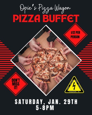 ❗️THIS SATURDAY❗️

🍕PIZZA BUFFET 🍕
WITH @opiespizzawagon
• Saturday, Jan. 29th • 5-8pm •
::
▪️$12 per person
▪️Featuring entire menu + new specialty pizzas
▪️🚫NO TEXT PIZZA ORDERS
▪️Togo box buffet available 
::
Our indoor room will be open for indoor seating!