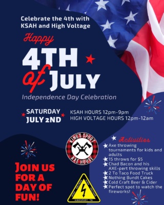Join KSAH and High Voltage for the
🇺🇸 4th of July Celebration 🇺🇸
in Downtown Kingsport on Saturday, July 2nd!

🪓What you have to look forward to at KSAH:
*Hours 12pm-9pm*
•Kids axe throwing tournament 12-3:30pm •Adults axe throwing tournament 3:30-7pm
•Try your hand at axe throwing 15 throws for $5
•Chad Bacon will be here showing off his axe-pert throwing skills. He’ll be on hand throughout the day! Come see him! 

⚡️What you have to look forward to at High Voltage:
*Hours 12pm-12am
•Cold Craft Beer and Cider
•2 To Taco Food Truck
•Nothing Bundt Cakes
•We have the perfect spot to watch the
💥FIREWORKS💥
Bring a lawn chair and join us for a night of fun in Downtown Kingsport!