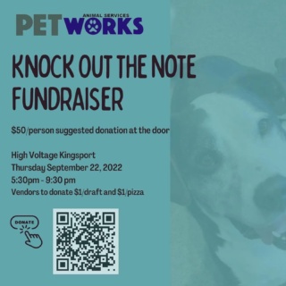 ⚡️Thursday, Sept. 22nd⚡️
::
Join us for a night of fun and help us
KNOCK OUT THE NOTE!
All proceeds will go towards the building fund for @petworksanimalcenter and will be matched dollar for dollar by the City of Kingsport!

•$50 per person suggested donation at the door.
•Vendors to donate $1 per draft beer purchased and $1 per pizza purchased!

🍕@opiespizzawagon will begin selling pizzas at 5pm!
🎶Live music from @donnieandthedryheavers at 7pm!

Donate to the building fund here:

https://petworkstn.com/donate-for-new-facility
