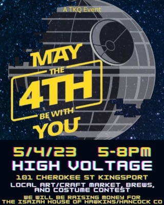 ⚡️ This Thursday!! ⚡️

🛸Join us for a market celebrating a galaxy far, far away. In honor of Star Wars day falling on first Thursday, we’re wanting to do something different and fun!

TKQ Events is hosting a “shopping for a cause” event in Kingsport for first Thursday. Our charity for May will be Isaiah 117 House. Their mission is to help children entering the foster care system.

We will have handmade vendors selling goods, and we will have some featured sci-fi type items.

Fun will go on from 5-8, come support a great cause and enter to win! High Voltage will be donating $1 from every pint to our charity. There will be raffle tickets and small trinket items for sale with 100% of the earnings to go to our charity. 

🏆Costume contest is at 7pm, we will have one for adults and one for children. Come dressed up as your favorite character from the franchise to be entered to win a special prize! Admission into costume contest is only $5 per person which goes directly to our charity. 

First 20 kids that arrive with Star Wars gear on will receive a special goody bag. 

Food truck @meatseatsandtreats will be there as well. Don’t miss out!!

#highvoltage #highvoltagekpt #highvoltagekingsport #thisiskingsport #visitkingsport #visitkingsporttn #downtownkingsport #downtownkingsporttn #downtownkingsportrocks #craftbeer #tricitiesfoodtrucks #foodtrucksdowntownkpt #livemusocdowntownkingsport 
#firstthursday #firstthursdaymarket #shopforacause #isiah117house
