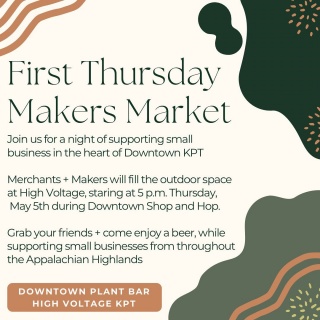 ⚡️Thursday, May 5th⚡️
::
FIRST THURSDAY MAKERS MARKET

Join us for an evening of supporting small businesses from throughout the Appalachian Highlands at the May Shop and Hop in Downtown Kingsport! 🛍

Swipe for the list of vendors that will be set up inside our gates from 5-8pm!

🌮 La Abejita will be serving their delicious food for Cinco De Mayo starting at 5pm!