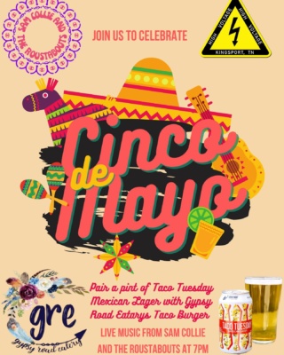 ⚡️🇲🇽 Join us to celebrate Cinco De Mayo High Voltage style! 
::
🍻 Pair a Taco Tuesday Mexican Lager with a Taco Burger from Gypsyroadeatery 🌮🍔
::
🎙️ Live music from Sam Collie Music starting at 7pm!
::
💃🏼 We can’t wait to Fiesta with you all! 

#highvoltage #highvoltagekpt #highvoltagekingsport #thisiskingsport #visitkingsport #visitkingsporttn #downtownkingsport #downtownkingsporttn #downtownkingsportrocks #craftbeer #tricitiesfoodtrucks #foodtrucksdowntownkpt #livemusocdowntownkingsport